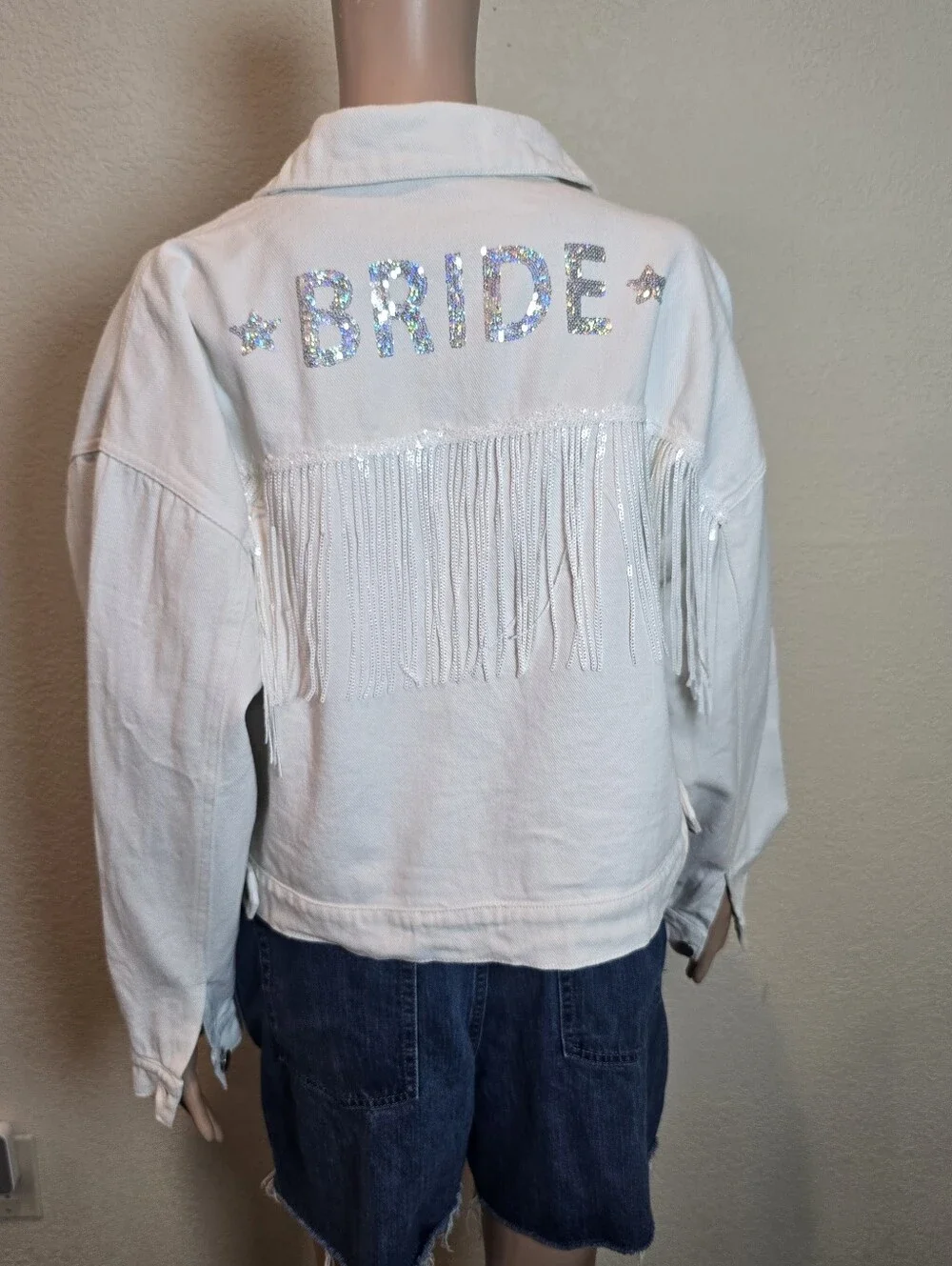 Altar'd State White Fringe 'BRIDE' Denim Jacket - Picture 3 of 12
